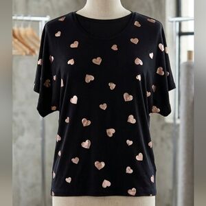 Kim & Cami Black Top with Glittering Pink Hearts